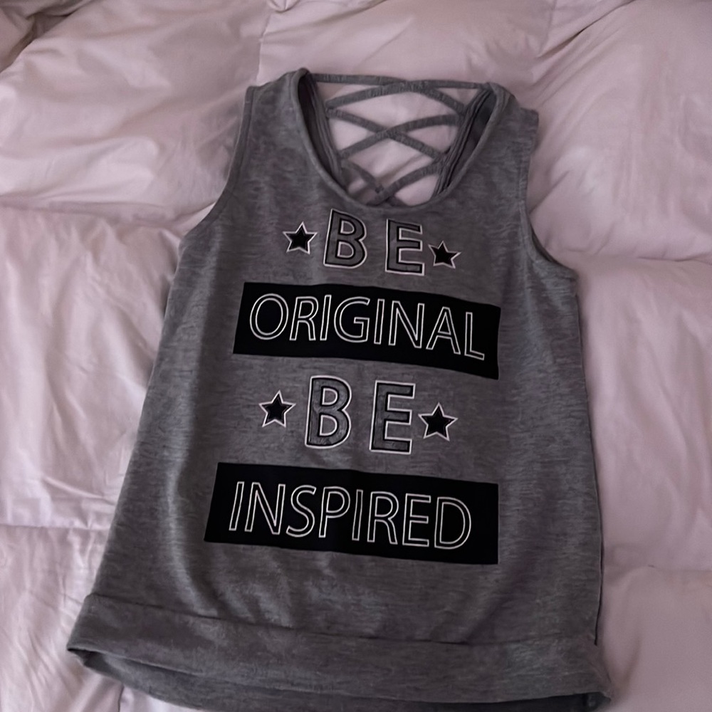 Gray be original be inspired star girls tank top criss cross back